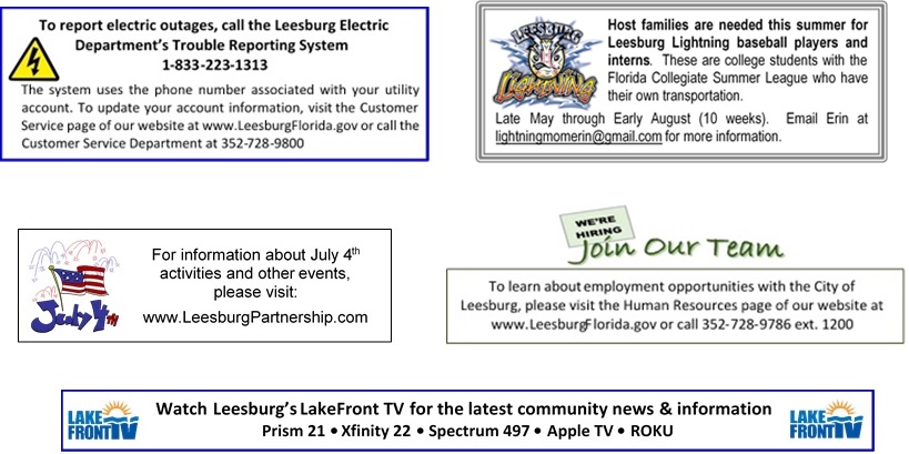 Electric outage, Lightning Host Family, Jobs Avail, 4th July, Lakefront TV info